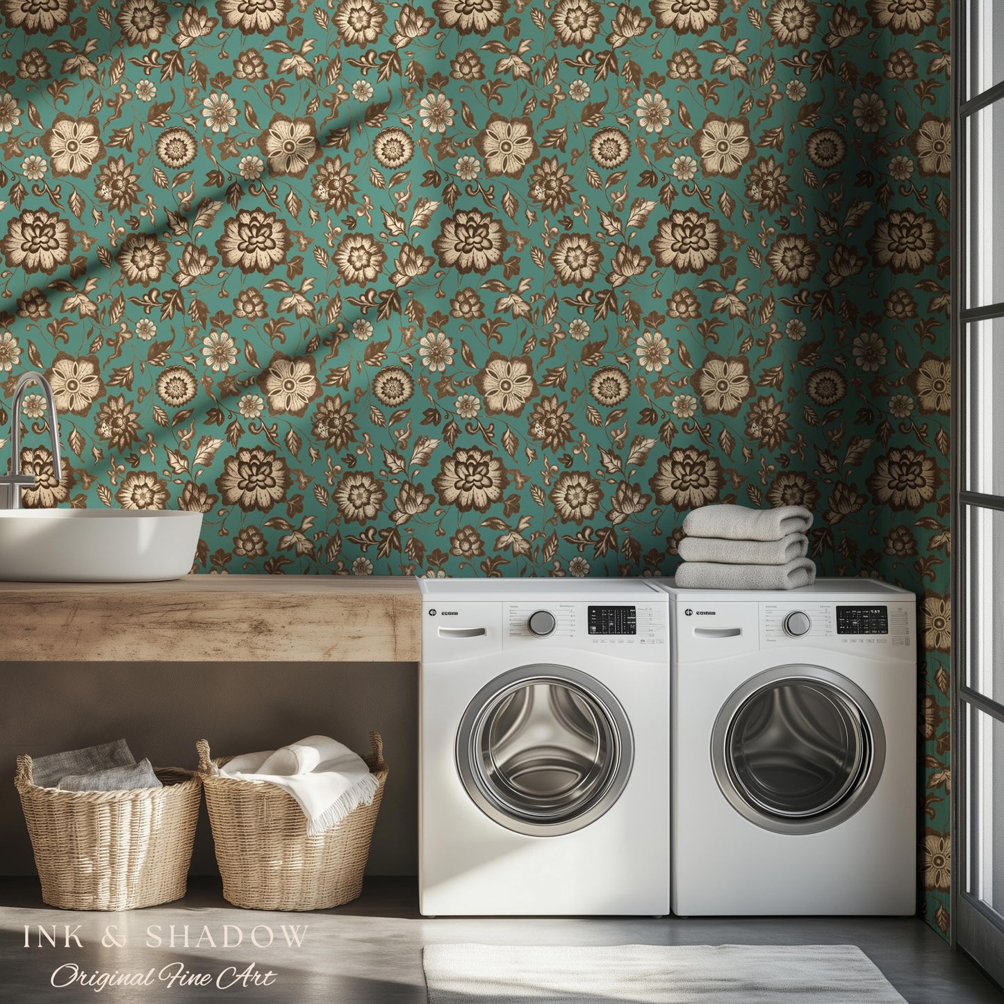 Bohemian Retro Heritage Wallpaper | Vintage Inspired Modern Folk Revival Teal Wall Art Sepia Floral Maximalism Renter Friendly Bedroom