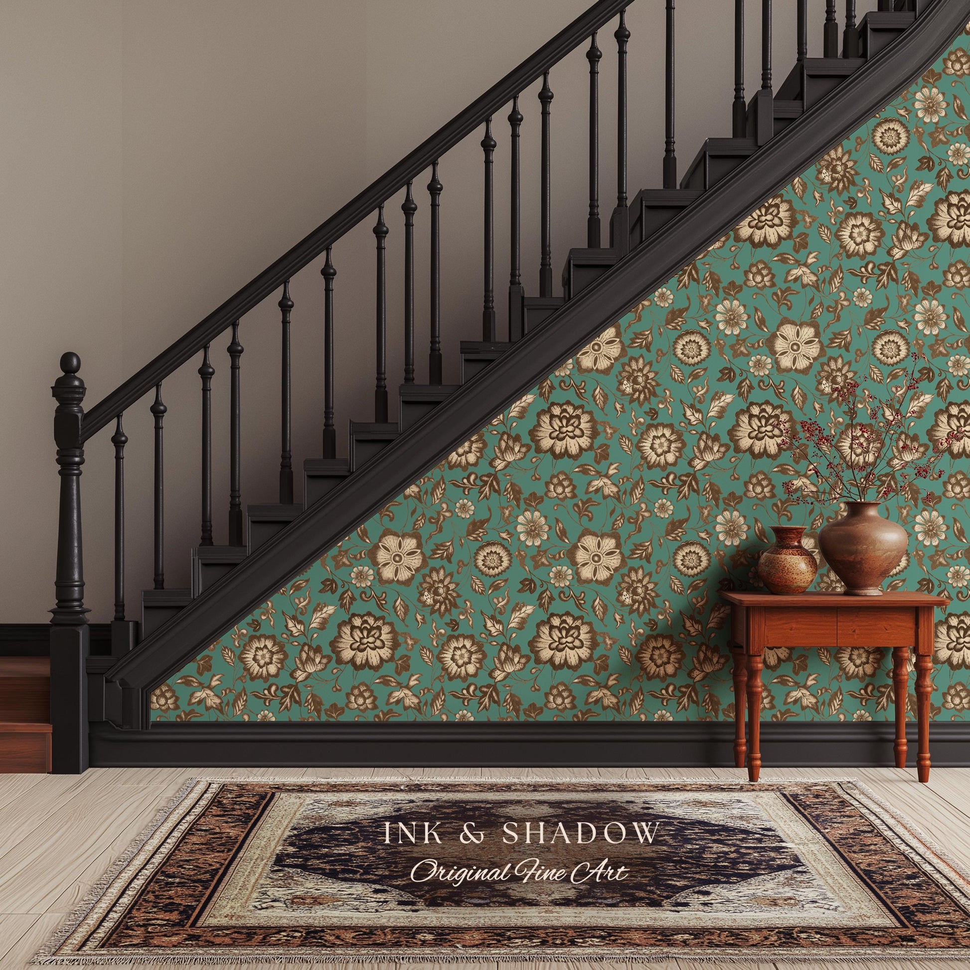 Bohemian Retro Heritage Wallpaper | Vintage Inspired Modern Folk Revival Teal Wall Art Sepia Floral Maximalism Renter Friendly Bedroom