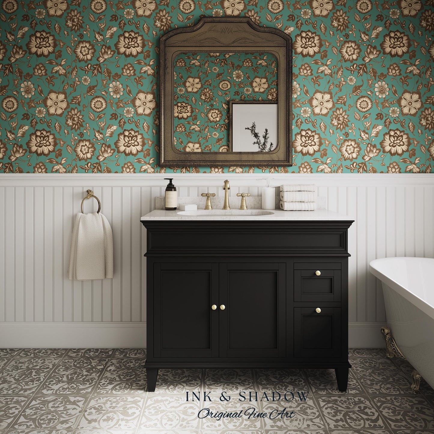 Bohemian Retro Heritage Wallpaper | Vintage Inspired Modern Folk Revival Teal Wall Art Sepia Floral Maximalism Renter Friendly Bedroom