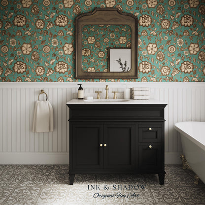Bohemian Retro Heritage Wallpaper | Vintage Inspired Modern Folk Revival Teal Wall Art Sepia Floral Maximalism Renter Friendly Bedroom