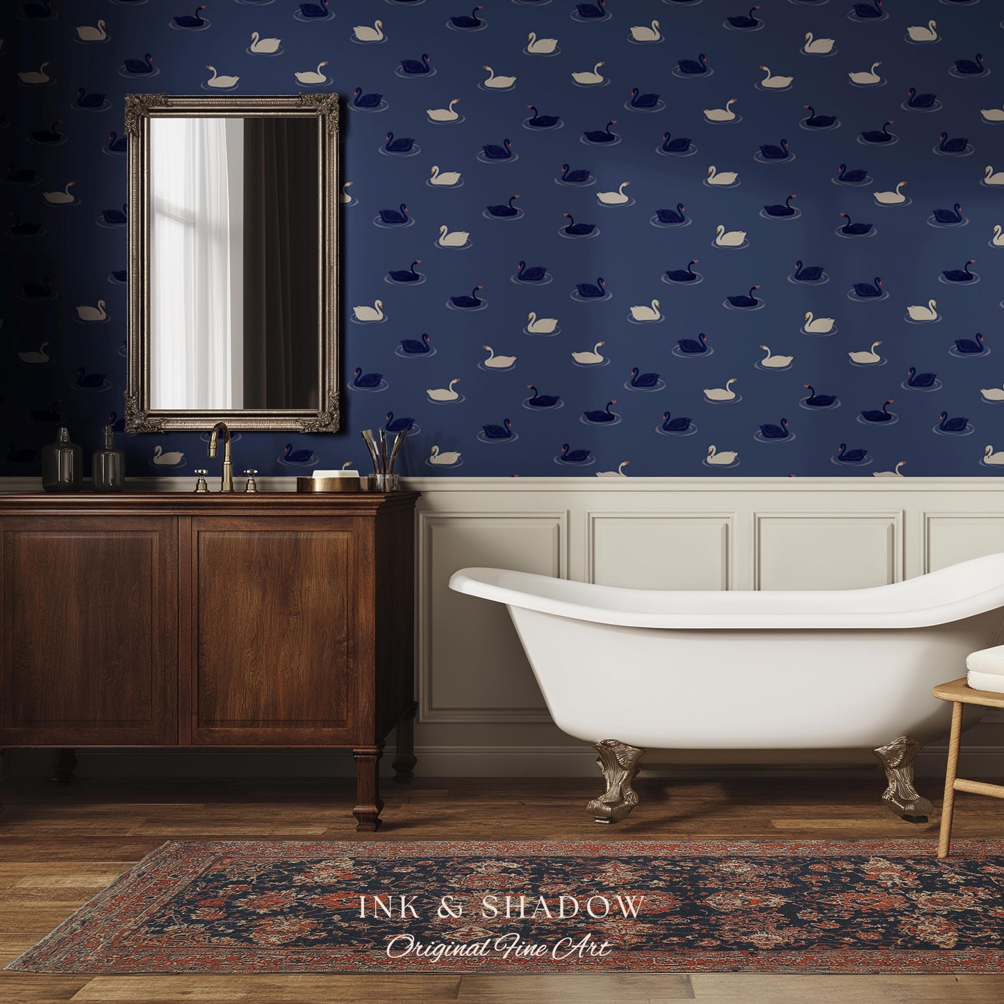 Modern Swan Print Navy Wallpaper | Storybook Iconography Coastal Cottage Prep School Bedroom Peel and Stick Nursery Blue Wall Novelty Art