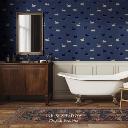 Modern Swan Print Navy Wallpaper | Storybook Iconography Coastal Cottage Prep School Bedroom Peel and Stick Nursery Blue Wall Novelty Art