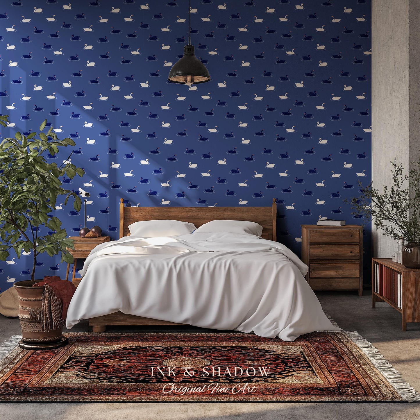 Modern Swan Print Navy Wallpaper | Storybook Iconography Coastal Cottage Prep School Bedroom Peel and Stick Nursery Blue Wall Novelty Art