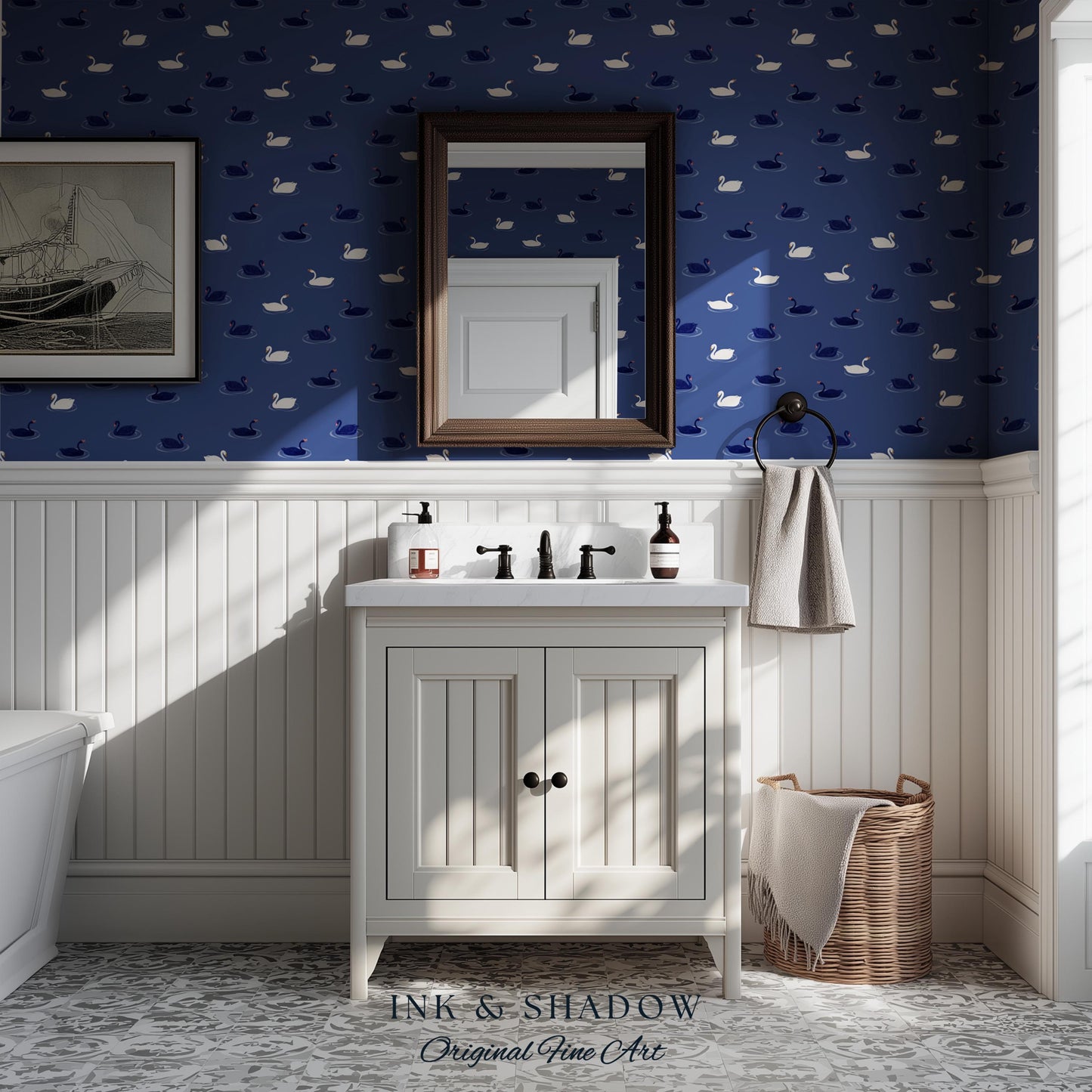 Modern Swan Print Navy Wallpaper | Storybook Iconography Coastal Cottage Prep School Bedroom Peel and Stick Nursery Blue Wall Novelty Art