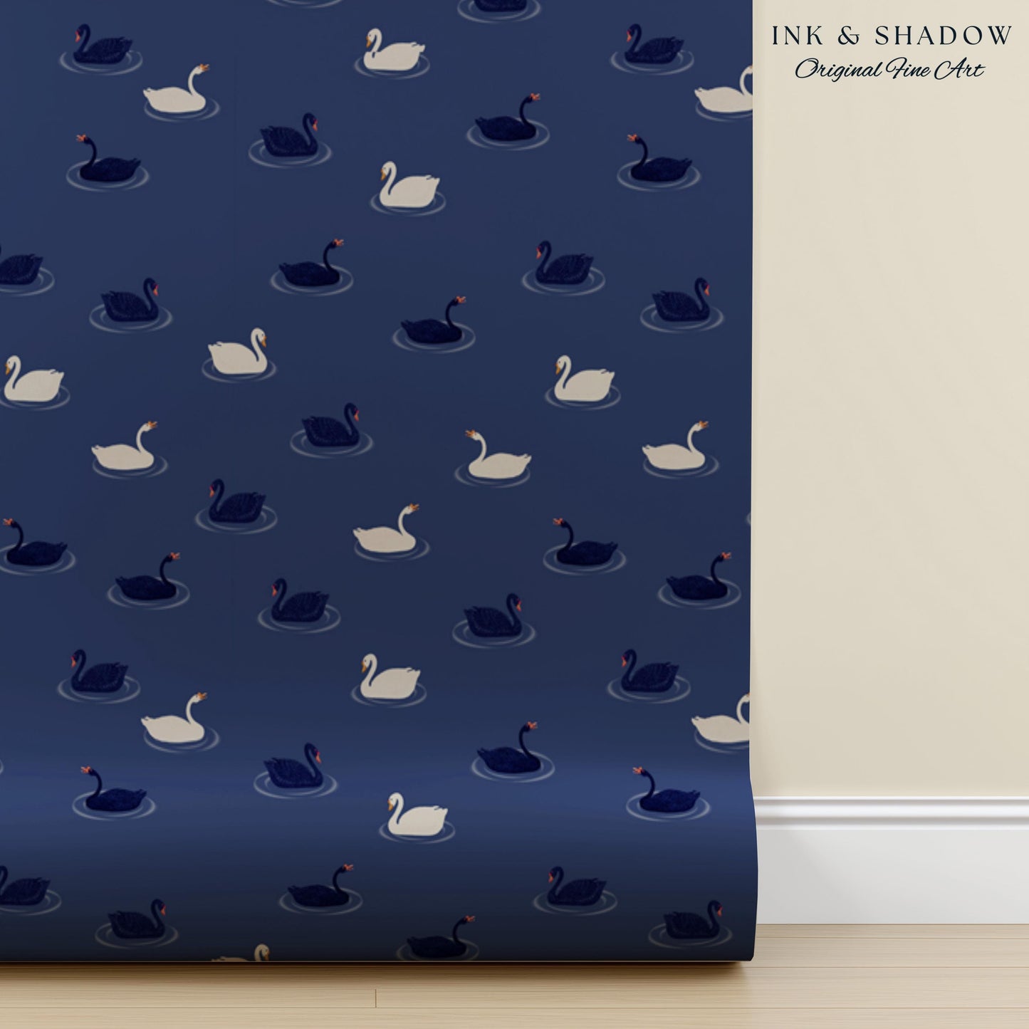 Modern Swan Print Navy Wallpaper | Storybook Iconography Coastal Cottage Prep School Bedroom Peel and Stick Nursery Blue Wall Novelty Art