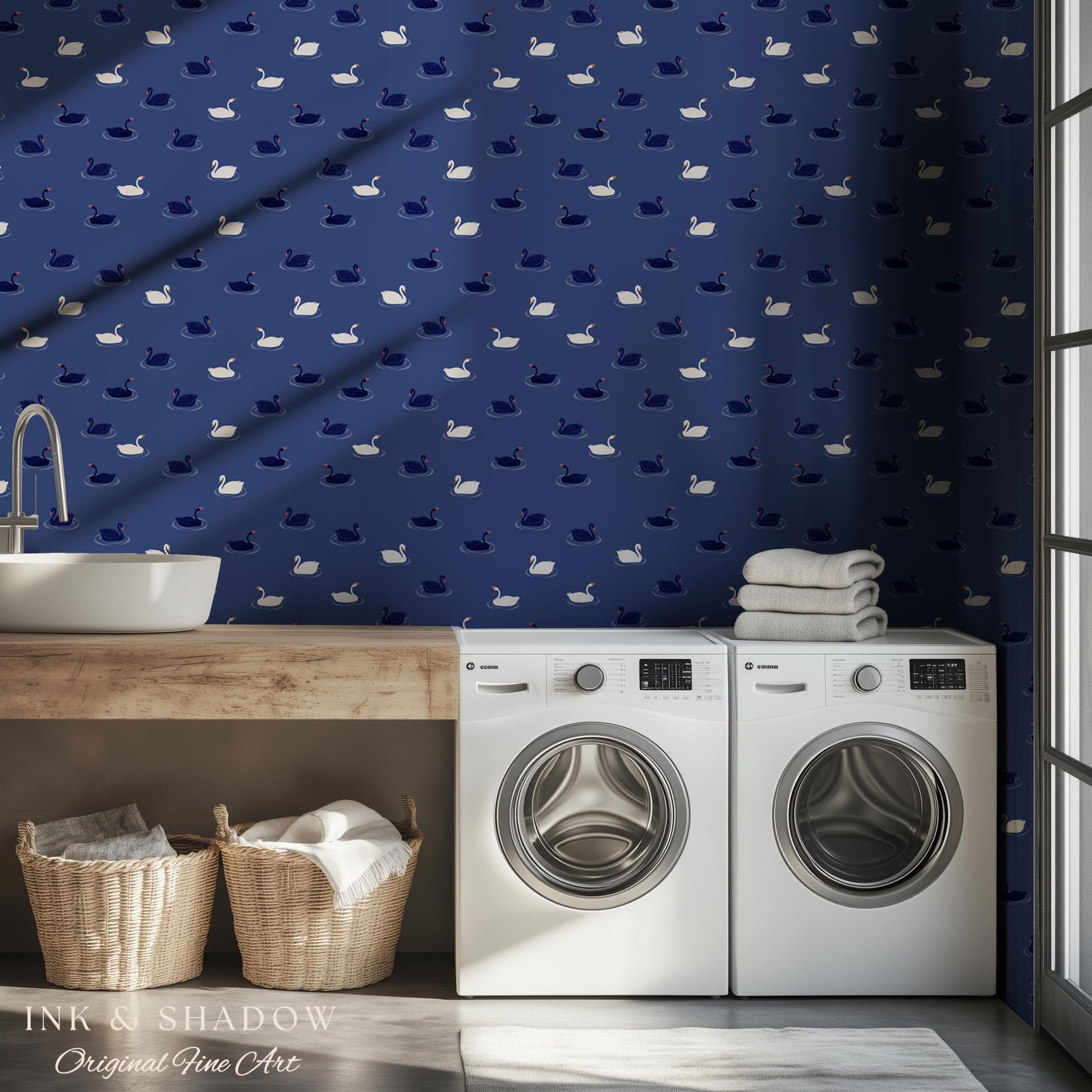 Modern Swan Print Navy Wallpaper | Storybook Iconography Coastal Cottage Prep School Bedroom Peel and Stick Nursery Blue Wall Novelty Art