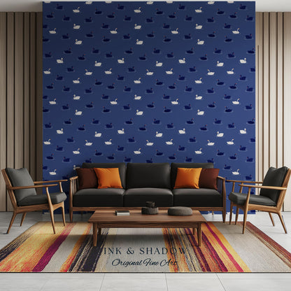 Modern Swan Print Navy Wallpaper | Storybook Iconography Coastal Cottage Prep School Bedroom Peel and Stick Nursery Blue Wall Novelty Art