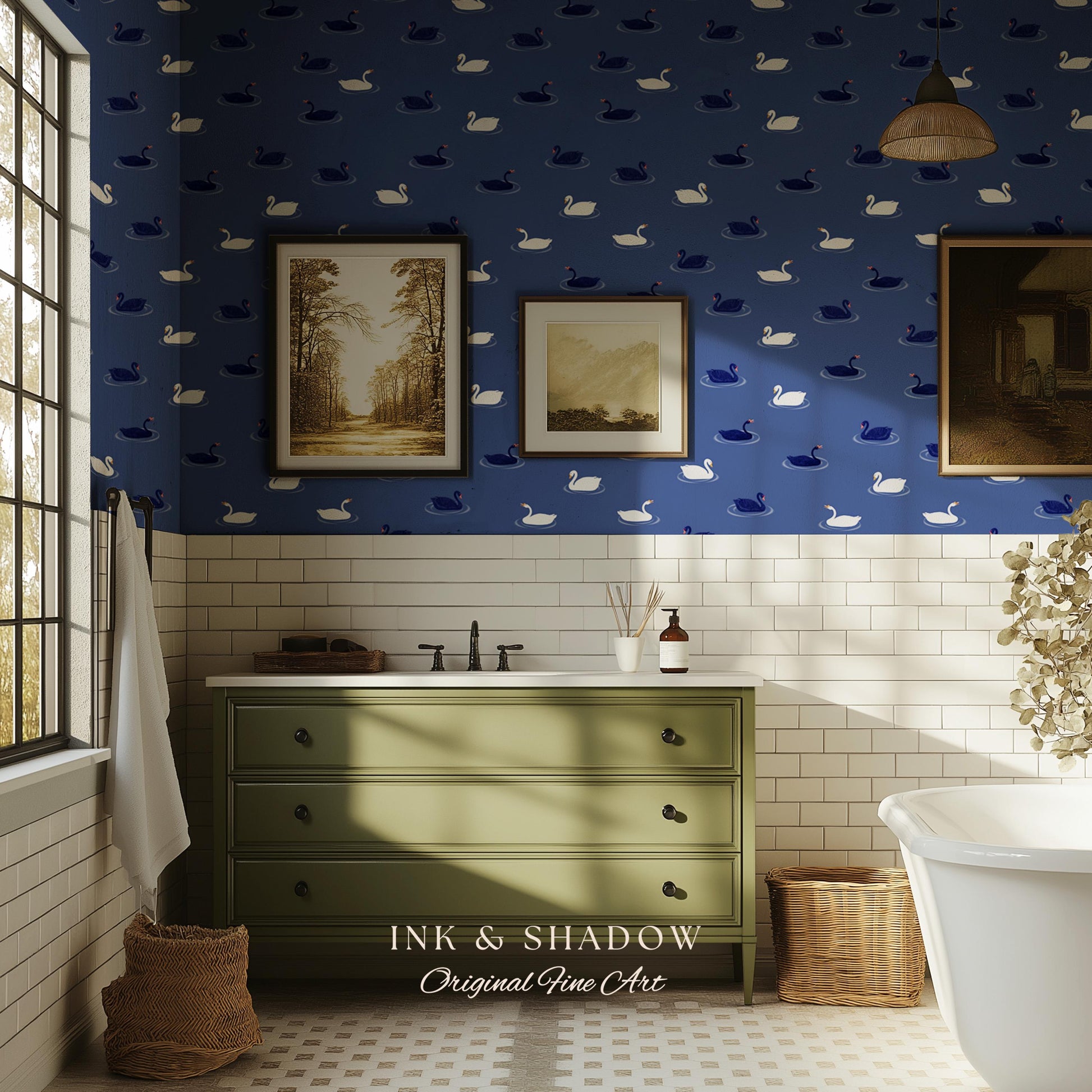 Modern Swan Print Navy Wallpaper | Storybook Iconography Coastal Cottage Prep School Bedroom Peel and Stick Nursery Blue Wall Novelty Art