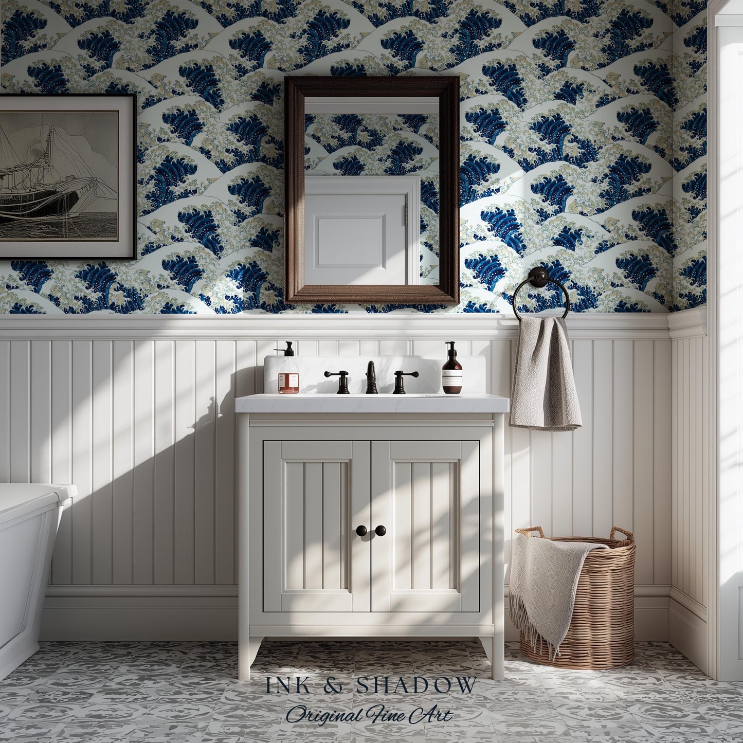 The Great Wave off Kanagawa Wallpaper | Japanese Woodblock Hokusai-Inspired Seascape Fine Art Japonisme Maximalist Peel and Stick Pattern