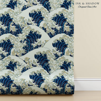 The Great Wave off Kanagawa Wallpaper | Japanese Woodblock Hokusai-Inspired Seascape Fine Art Japonisme Maximalist Peel and Stick Pattern
