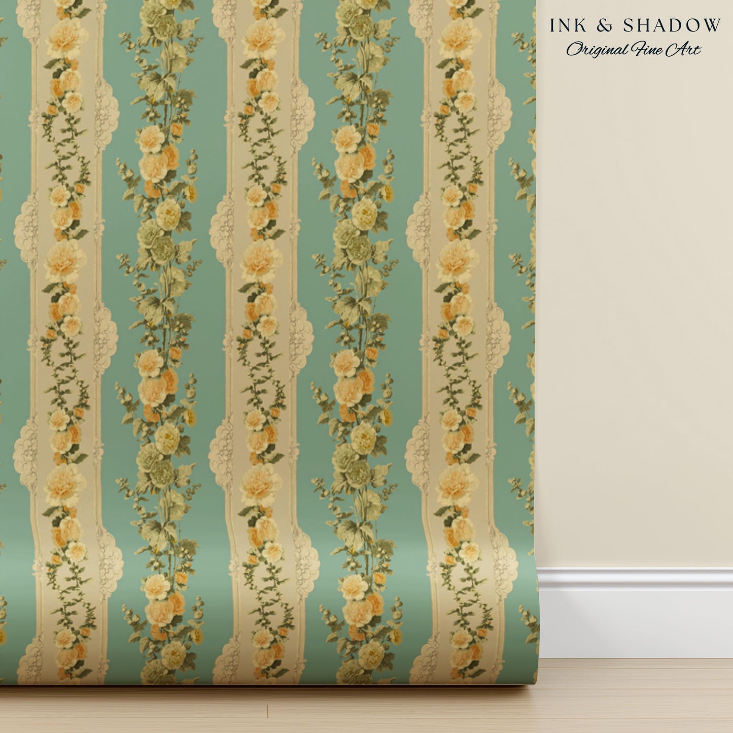 Victorian Ribbon Stripe Floral Wallpaper | French Parlor Panel Rococo Revival Peel and Stick Boudoir Wall Art Grandmillenial Romantic Decor