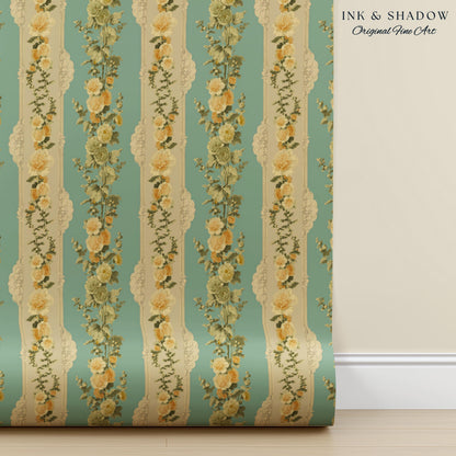 Victorian Ribbon Stripe Floral Wallpaper | French Parlor Panel Rococo Revival Peel and Stick Boudoir Wall Art Grandmillenial Romantic Decor