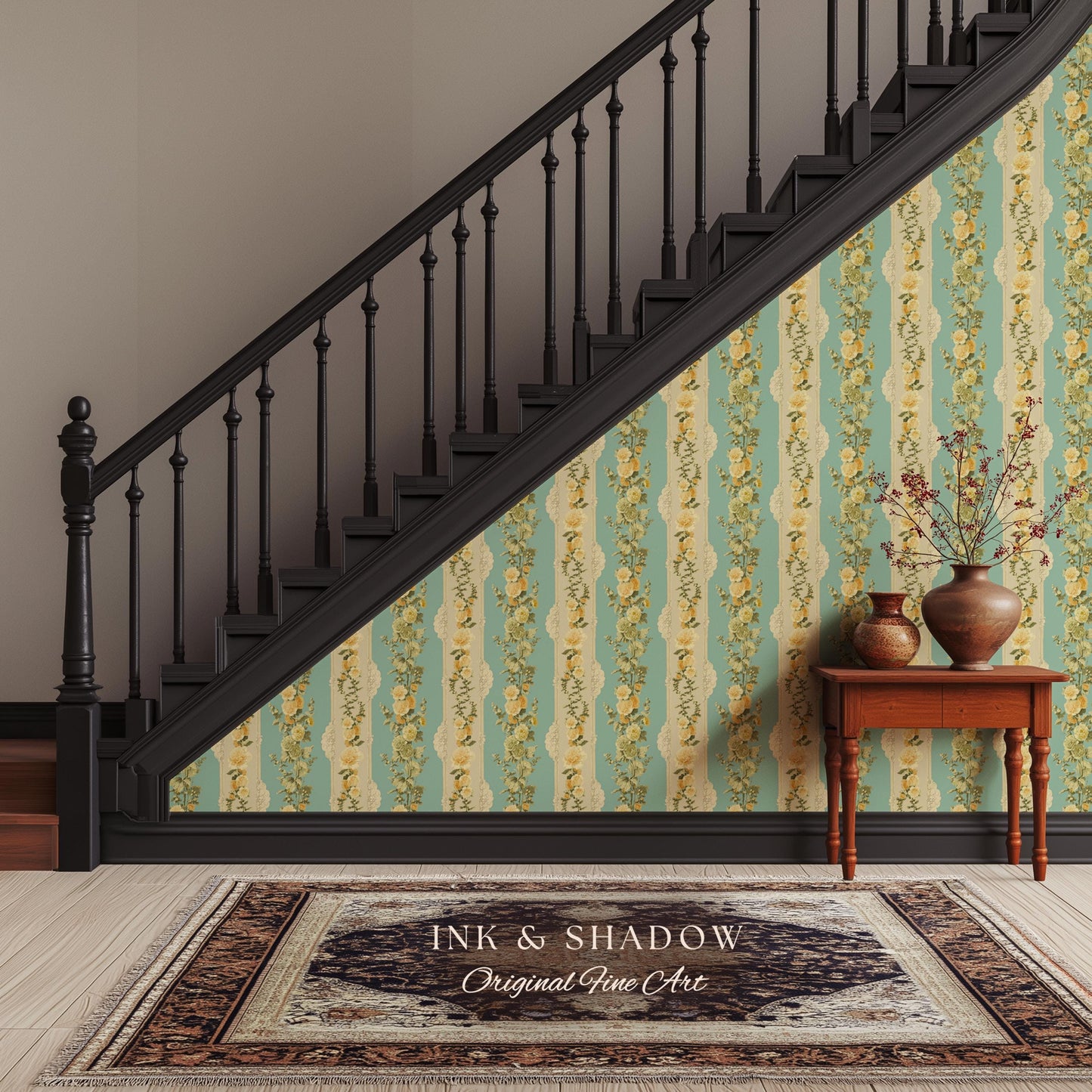 Victorian Ribbon Stripe Floral Wallpaper | French Parlor Panel Rococo Revival Peel and Stick Boudoir Wall Art Grandmillenial Romantic Decor