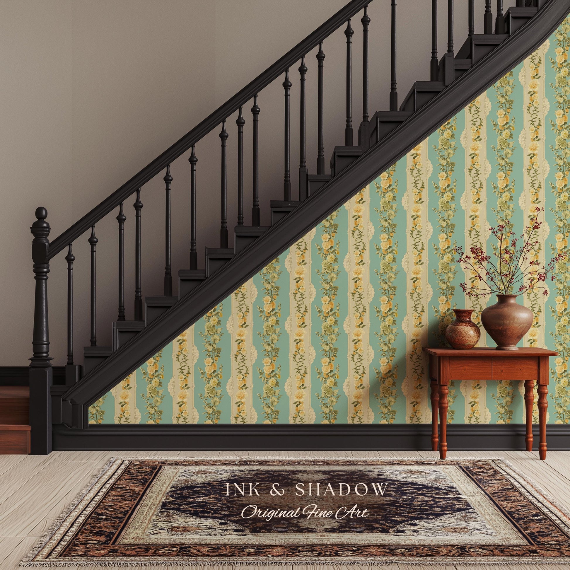 Victorian Ribbon Stripe Floral Wallpaper | French Parlor Panel Rococo Revival Peel and Stick Boudoir Wall Art Grandmillenial Romantic Decor
