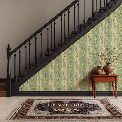 Victorian Ribbon Stripe Floral Wallpaper | French Parlor Panel Rococo Revival Peel and Stick Boudoir Wall Art Grandmillenial Romantic Decor