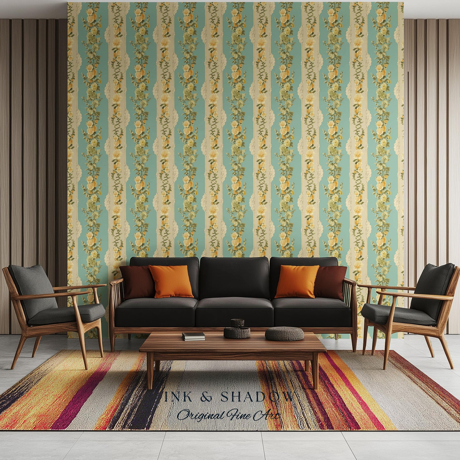 Victorian Ribbon Stripe Floral Wallpaper | French Parlor Panel Rococo Revival Peel and Stick Boudoir Wall Art Grandmillenial Romantic Decor