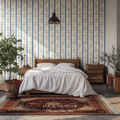 Soft Pastoral English Manor Wallpaper | Grandmillenial Feminine Ribbon Stripe Pastel Heirloom French Country Peel and Stick Bedroom Textiles