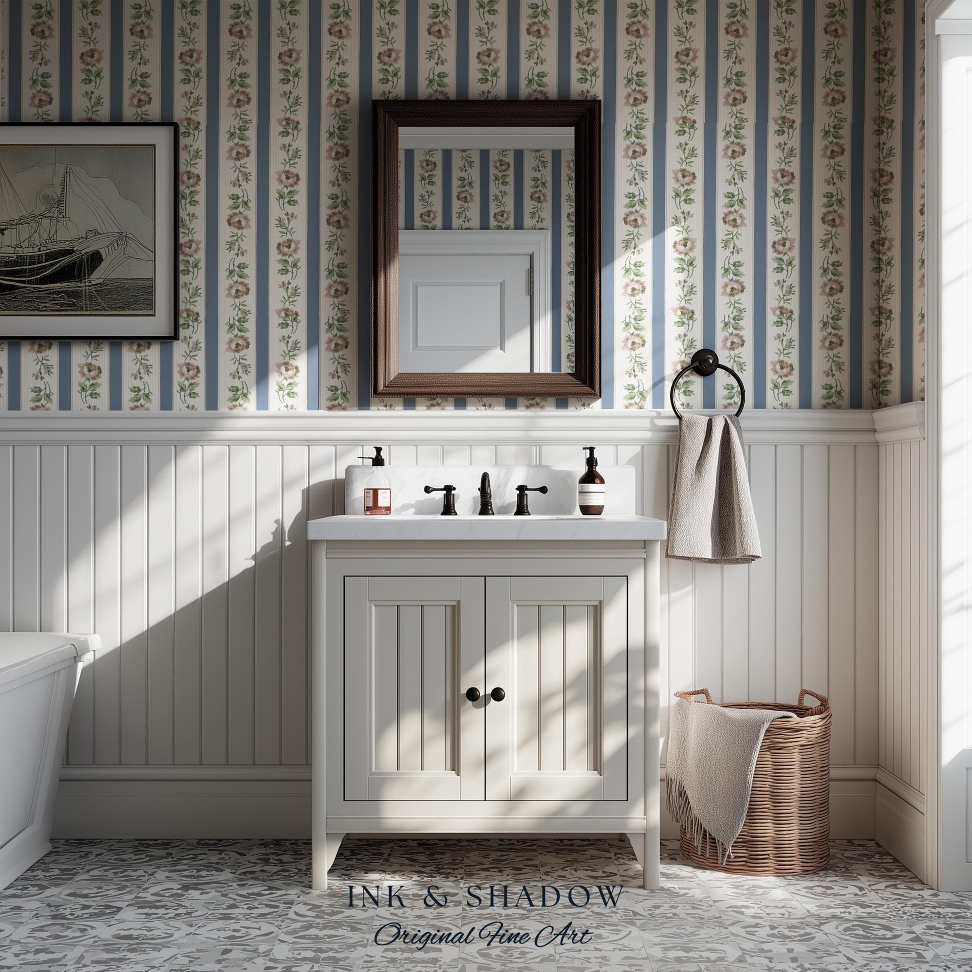 Soft Pastoral English Manor Wallpaper | Grandmillenial Feminine Ribbon Stripe Pastel Heirloom French Country Peel and Stick Bedroom Textiles