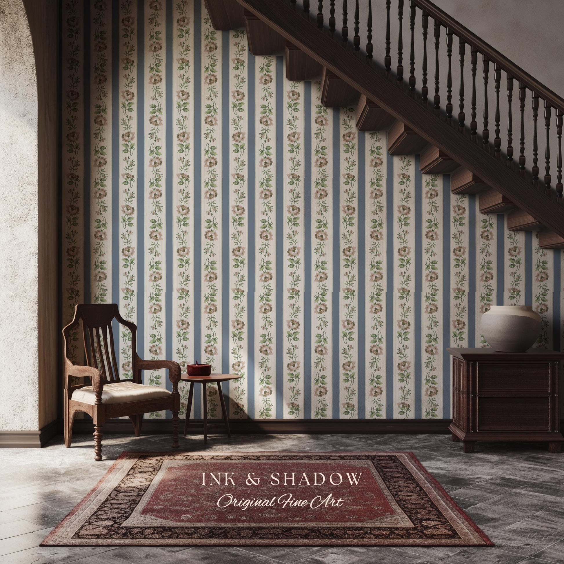 Soft Pastoral English Manor Wallpaper | Grandmillenial Feminine Ribbon Stripe Pastel Heirloom French Country Peel and Stick Bedroom Textiles