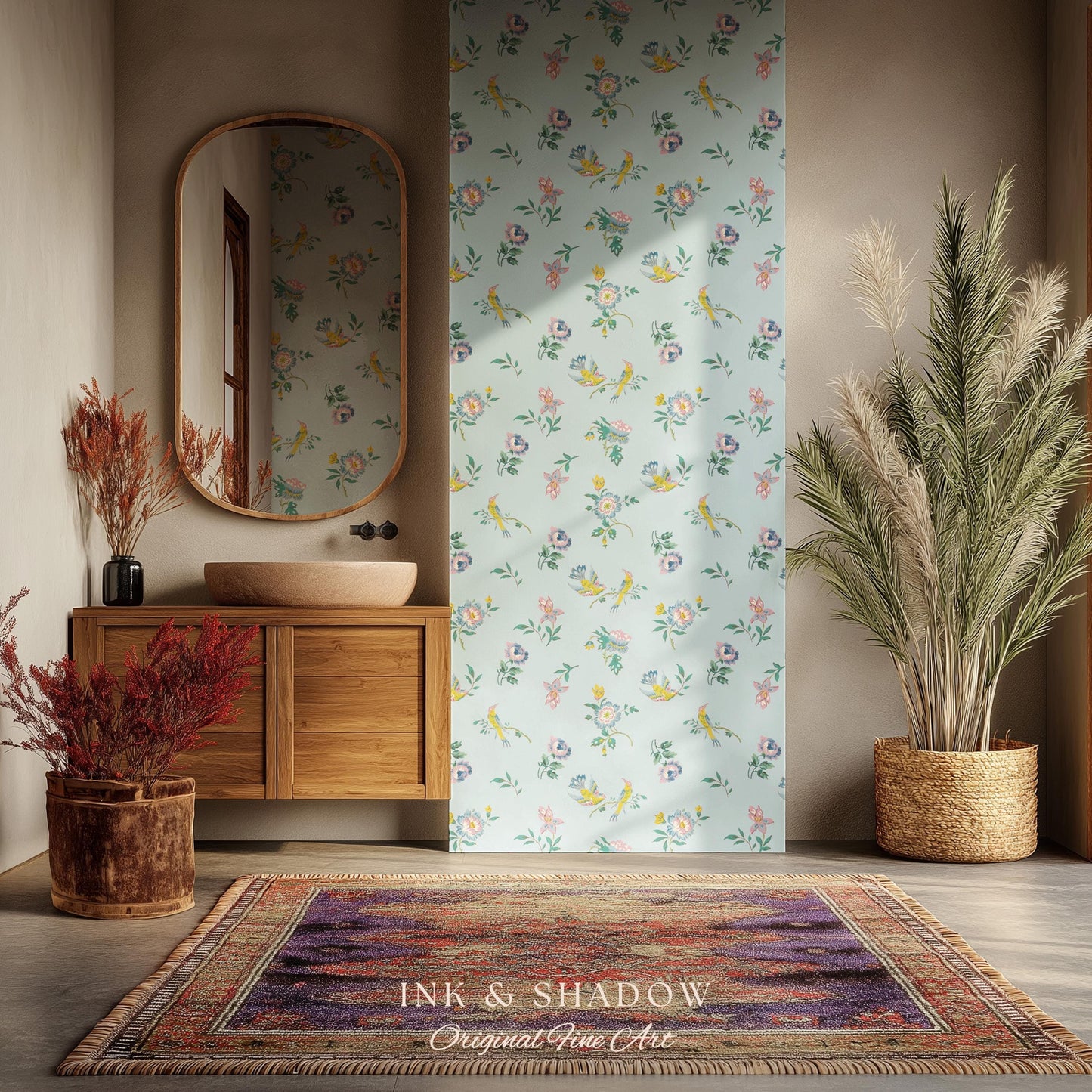 Pastel Chinoiserie Hummingbird Wallpaper | French Provincial Robin's Egg Blue Background Rococo Peel and Stick Grandmillenial Heirloom Art