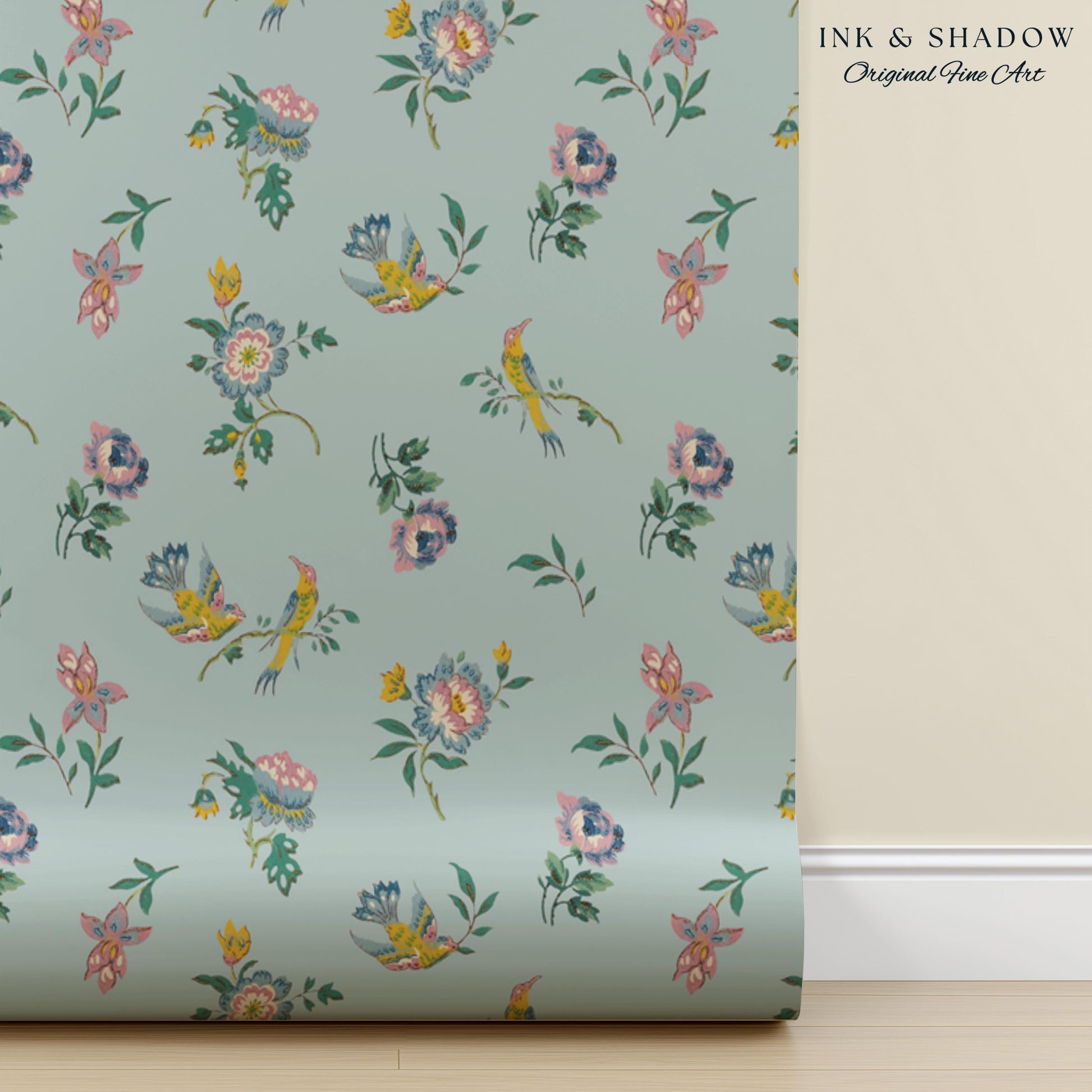 Pastel Chinoiserie Hummingbird Wallpaper | French Provincial Robin's Egg Blue Background Rococo Peel and Stick Grandmillenial Heirloom Art