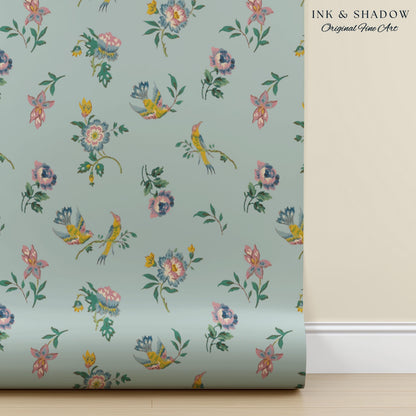 Pastel Chinoiserie Hummingbird Wallpaper | French Provincial Robin's Egg Blue Background Rococo Peel and Stick Grandmillenial Heirloom Art