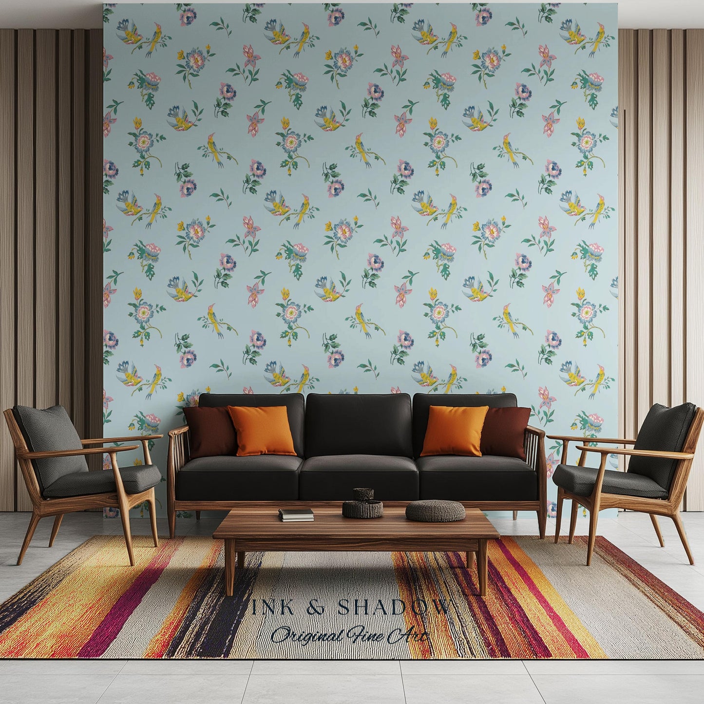 Pastel Chinoiserie Hummingbird Wallpaper | French Provincial Robin's Egg Blue Background Rococo Peel and Stick Grandmillenial Heirloom Art