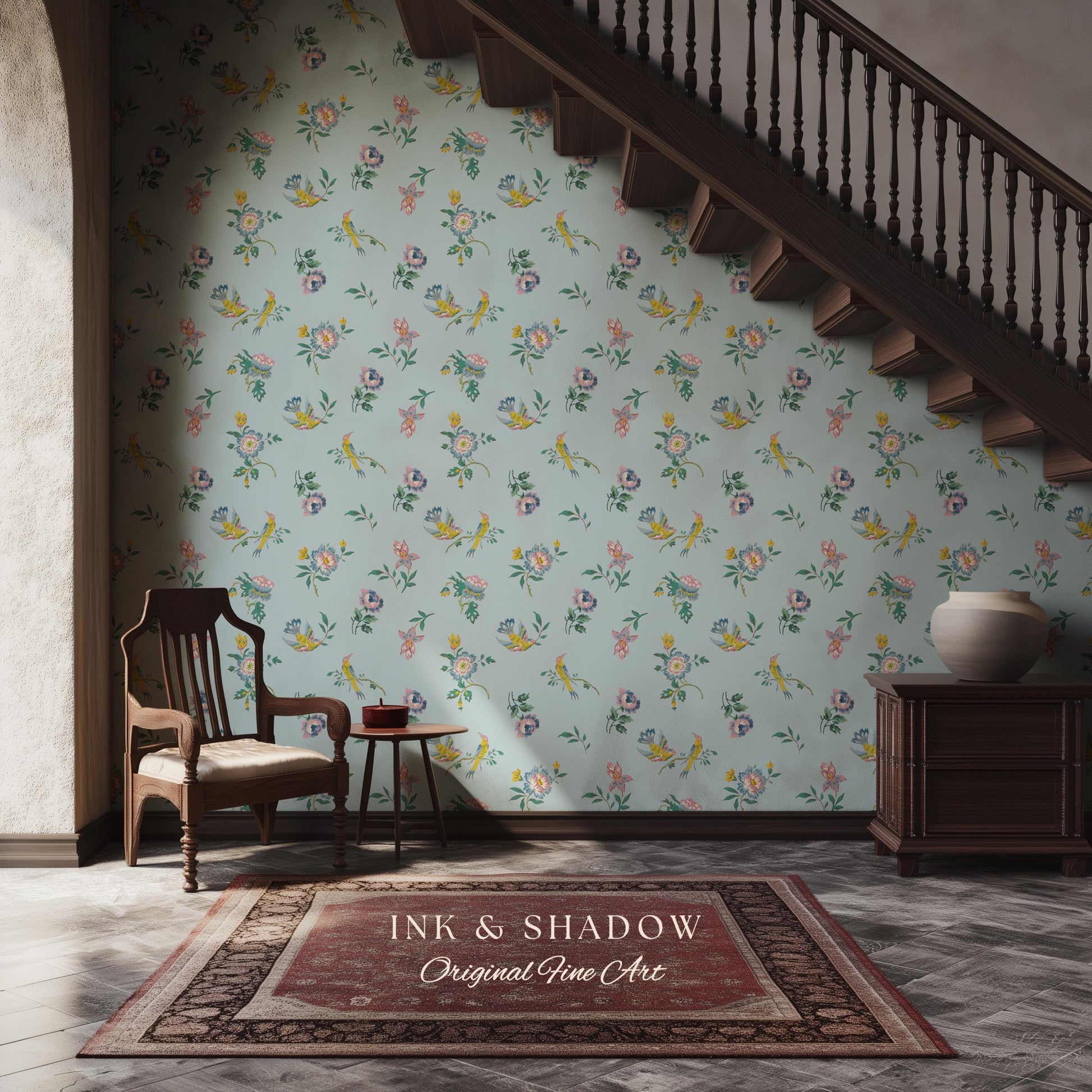Pastel Chinoiserie Hummingbird Wallpaper | French Provincial Robin's Egg Blue Background Rococo Peel and Stick Grandmillenial Heirloom Art