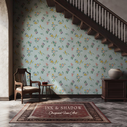 Pastel Chinoiserie Hummingbird Wallpaper | French Provincial Robin's Egg Blue Background Rococo Peel and Stick Grandmillenial Heirloom Art