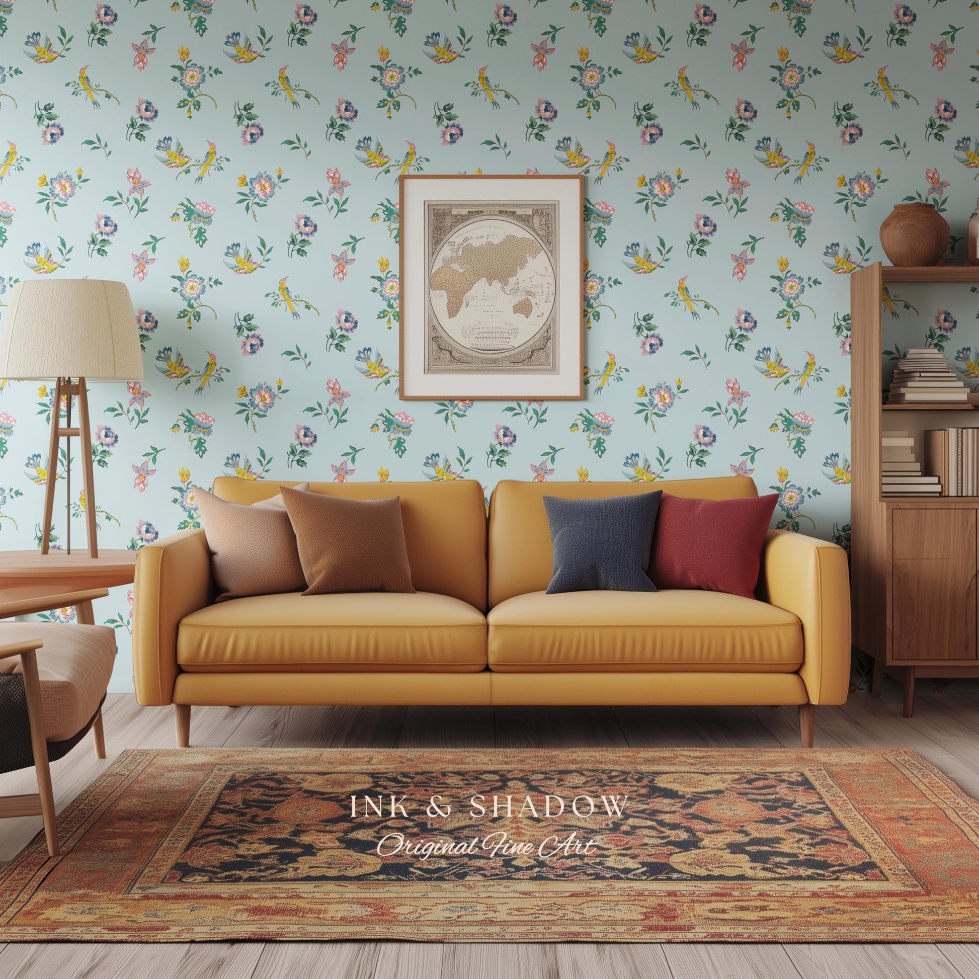 Pastel Chinoiserie Hummingbird Wallpaper | French Provincial Robin's Egg Blue Background Rococo Peel and Stick Grandmillenial Heirloom Art