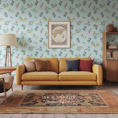 Pastel Chinoiserie Hummingbird Wallpaper | French Provincial Robin's Egg Blue Background Rococo Peel and Stick Grandmillenial Heirloom Art