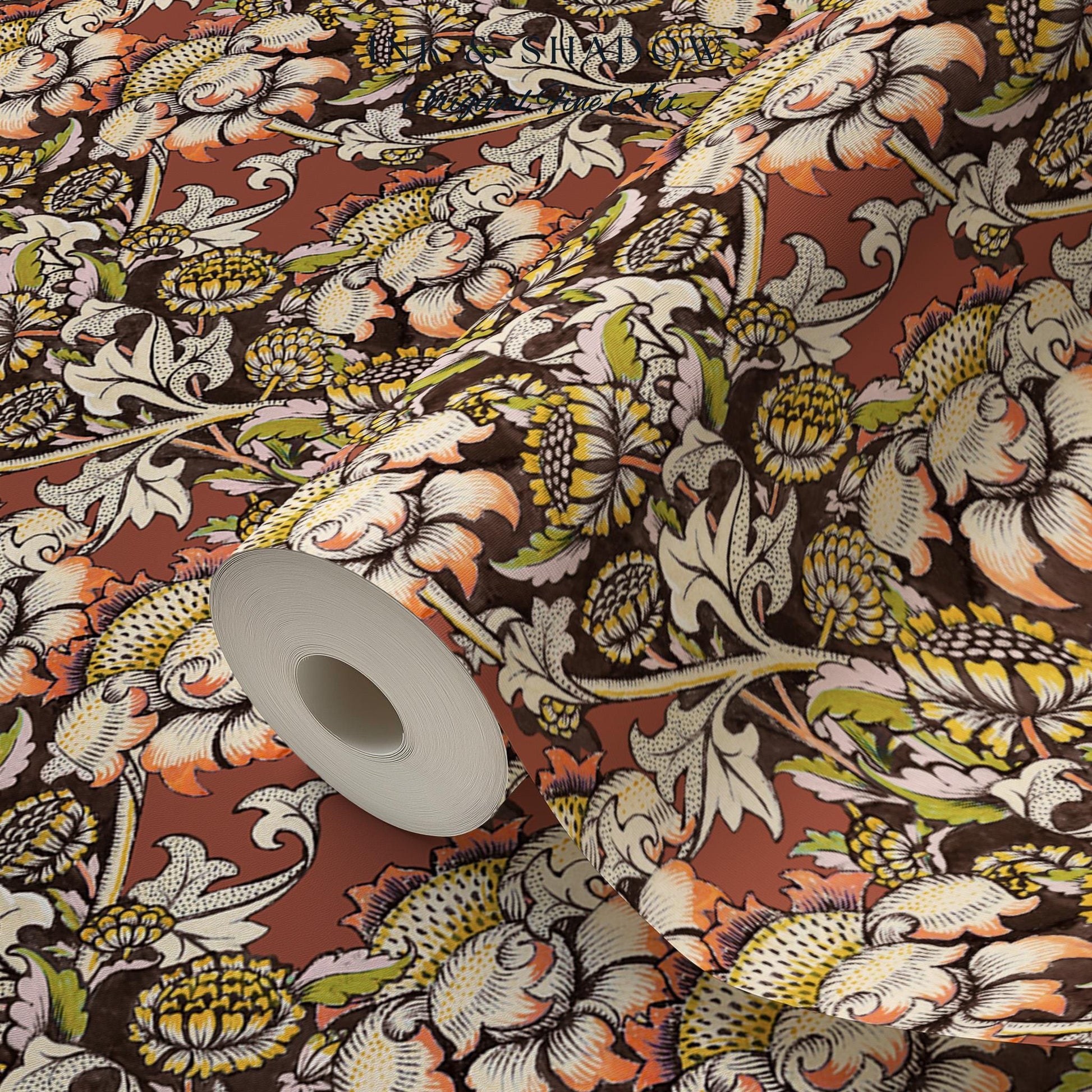 Autumn Maximalist Old-World Wallpaper | Library English Decorative Textile William Morris Bedroom Renter Friendly Arts and Crafts Design