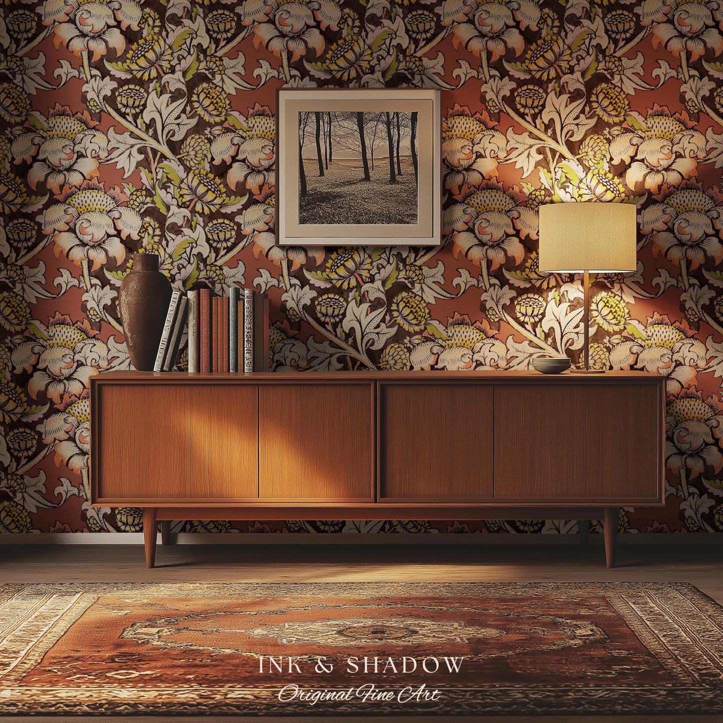 Autumn Maximalist Old-World Wallpaper | Library English Decorative Textile William Morris Bedroom Renter Friendly Arts and Crafts Design
