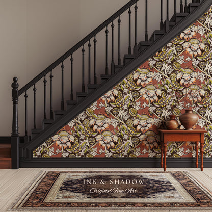 Autumn Maximalist Old-World Wallpaper | Library English Decorative Textile William Morris Bedroom Renter Friendly Arts and Crafts Design