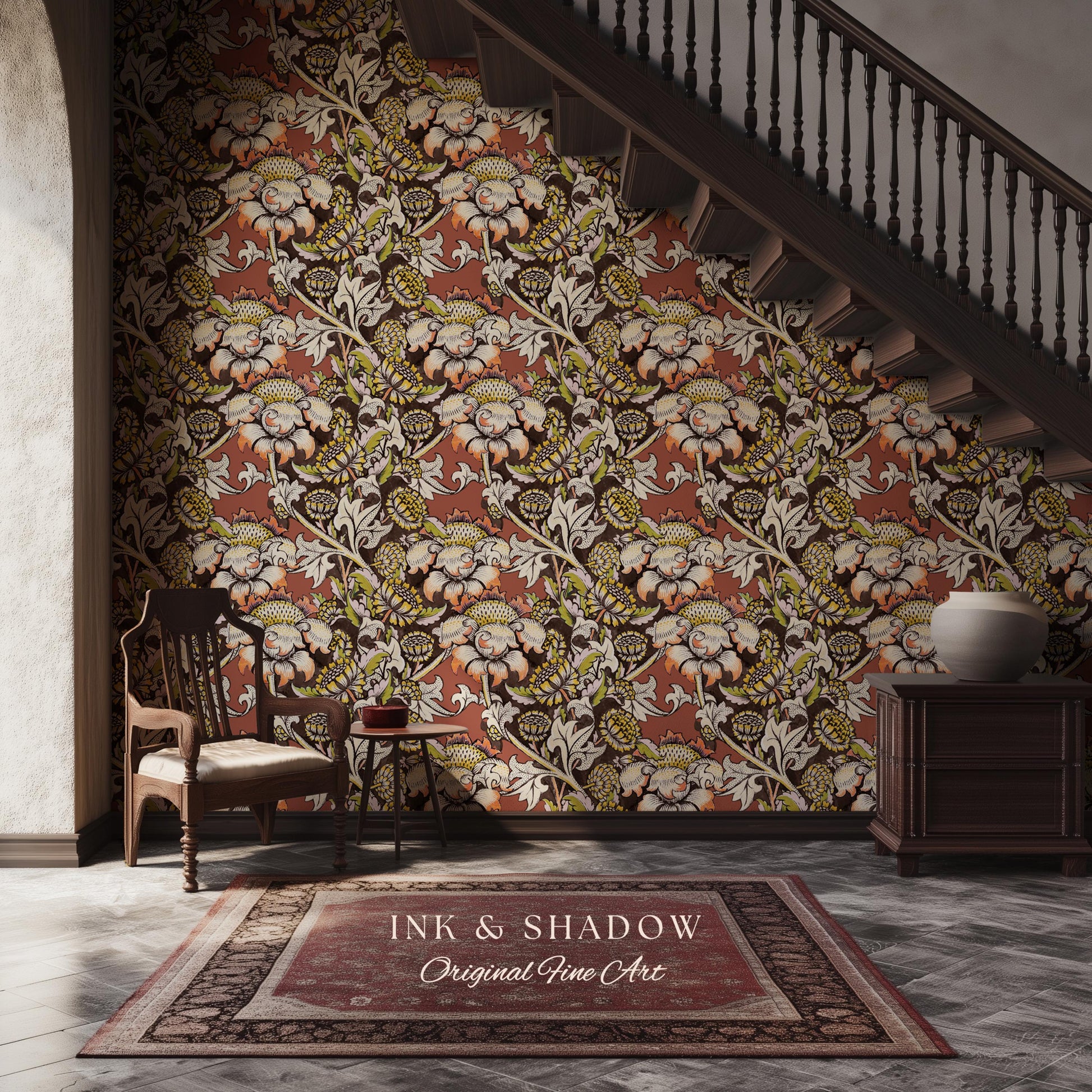 Autumn Maximalist Old-World Wallpaper | Library English Decorative Textile William Morris Bedroom Renter Friendly Arts and Crafts Design