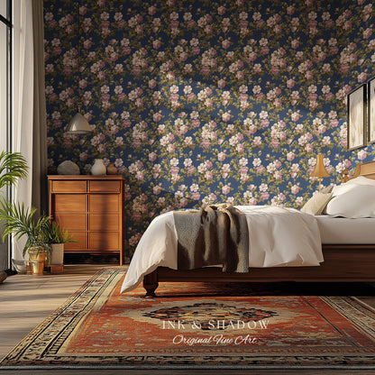 Traditional Cottage Rose Wallpaper | Soft Clustered Florals English Country Bedroom 19th Century Parlor Room Renter Friendly Chintz Wall