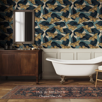 Naturalist Moth Print Wallpaper | Maximalist Blue Butterfly Wall Art Nouveau Peel and Stick Decor Museum Aesthetic Renter Friendly Floral