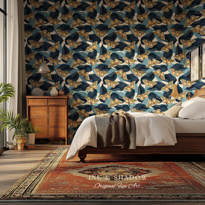 Naturalist Moth Print Wallpaper | Maximalist Blue Butterfly Wall Art Nouveau Peel and Stick Decor Museum Aesthetic Renter Friendly Floral