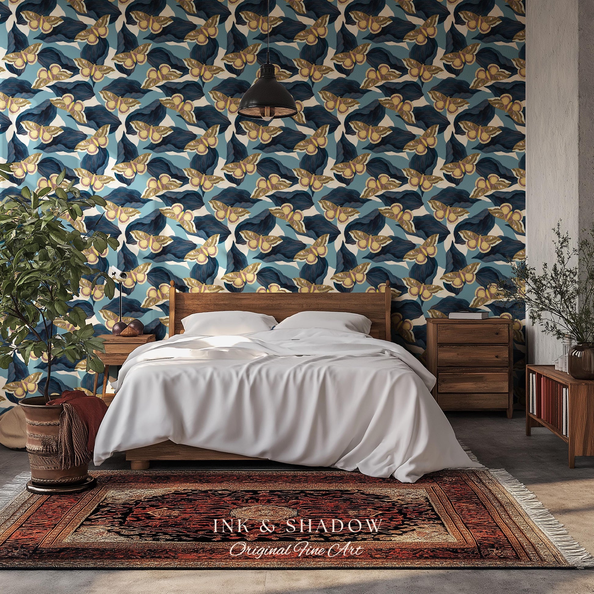 Naturalist Moth Print Wallpaper | Maximalist Blue Butterfly Wall Art Nouveau Peel and Stick Decor Museum Aesthetic Renter Friendly Floral