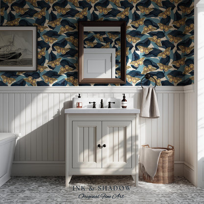 Naturalist Moth Print Wallpaper | Maximalist Blue Butterfly Wall Art Nouveau Peel and Stick Decor Museum Aesthetic Renter Friendly Floral