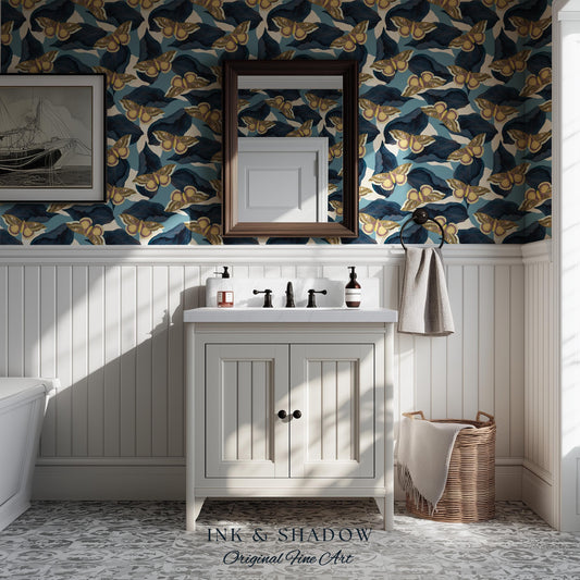 Naturalist Moth Print Wallpaper | Maximalist Blue Butterfly Wall Art Nouveau Peel and Stick Decor Museum Aesthetic Renter Friendly Floral