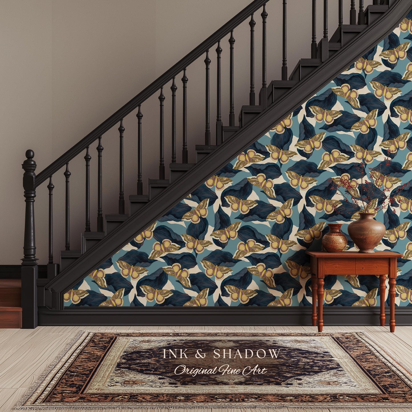 Naturalist Moth Print Wallpaper | Maximalist Blue Butterfly Wall Art Nouveau Peel and Stick Decor Museum Aesthetic Renter Friendly Floral
