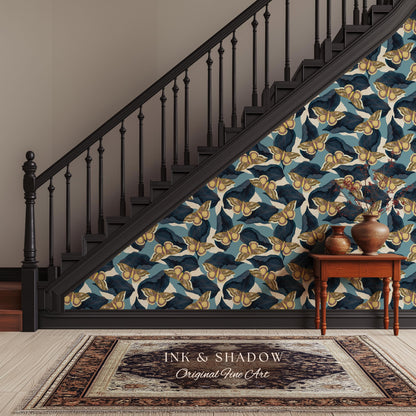Naturalist Moth Print Wallpaper | Maximalist Blue Butterfly Wall Art Nouveau Peel and Stick Decor Museum Aesthetic Renter Friendly Floral