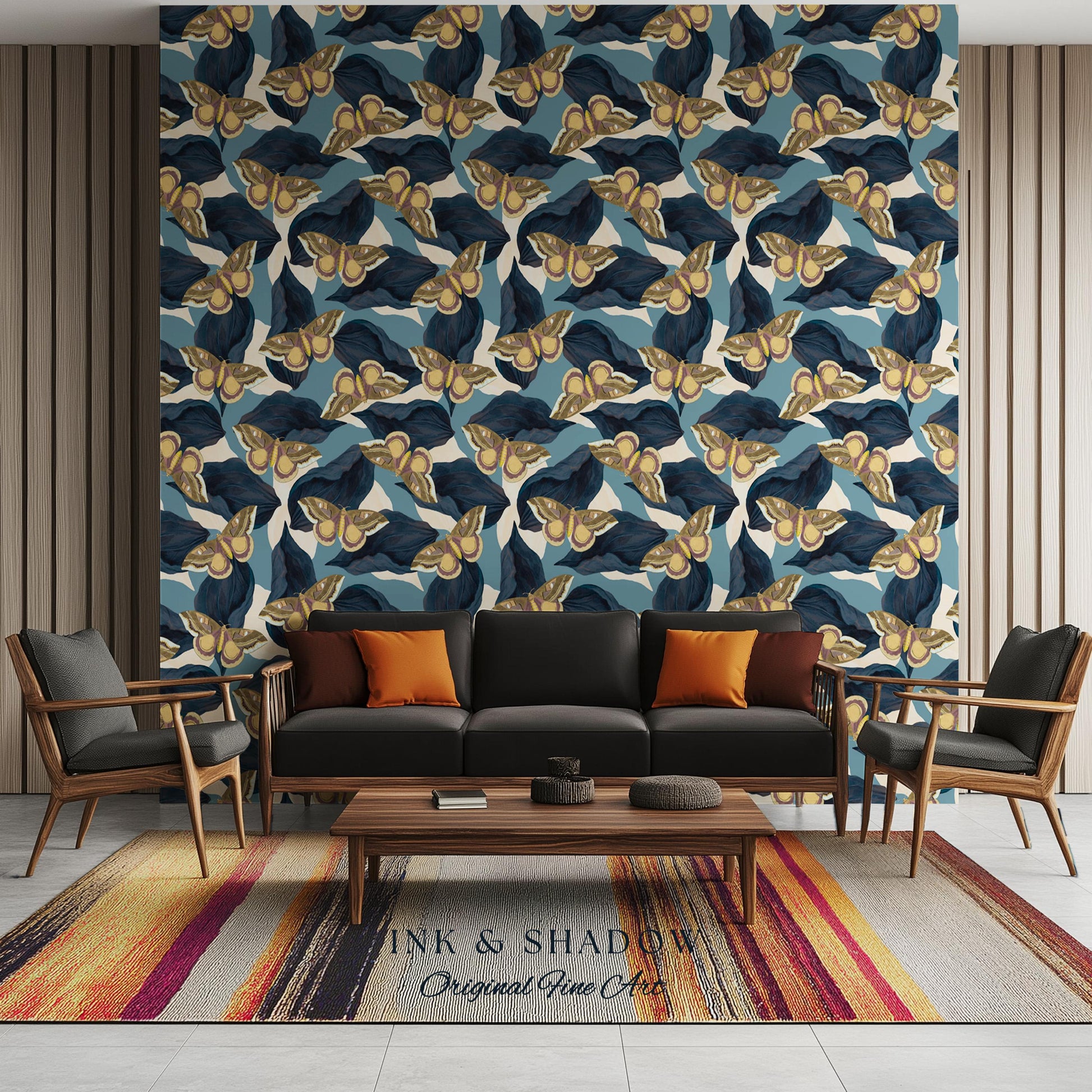 Naturalist Moth Print Wallpaper | Maximalist Blue Butterfly Wall Art Nouveau Peel and Stick Decor Museum Aesthetic Renter Friendly Floral