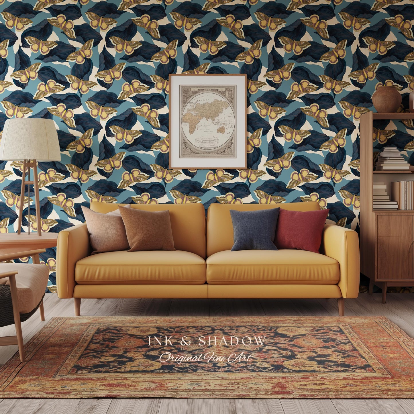 Naturalist Moth Print Wallpaper | Maximalist Blue Butterfly Wall Art Nouveau Peel and Stick Decor Museum Aesthetic Renter Friendly Floral