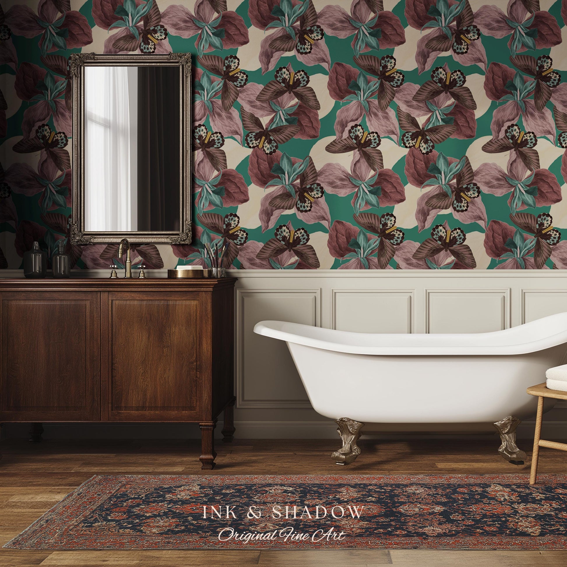 Tropical Fauna Jewel-Toned Wallpaper | Color Blocking Wall Art Maximalist Butterfly Home Accent Bold Botanical Exotica Teal Peel and Stick