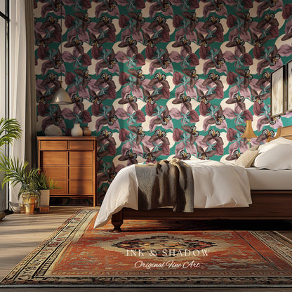 Tropical Fauna Jewel-Toned Wallpaper | Color Blocking Wall Art Maximalist Butterfly Home Accent Bold Botanical Exotica Teal Peel and Stick