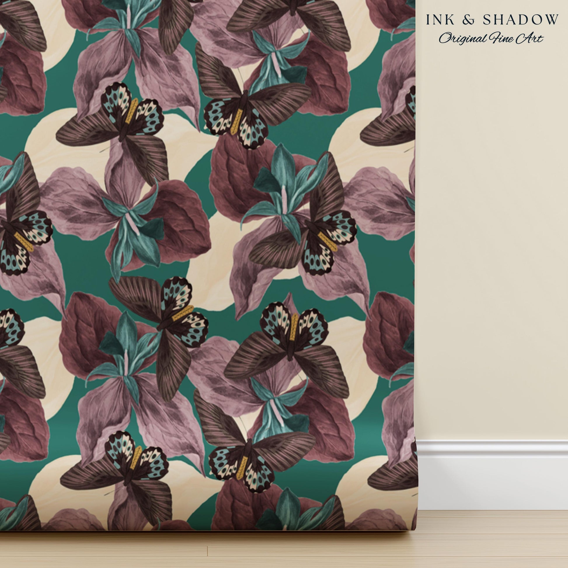 Tropical Fauna Jewel-Toned Wallpaper | Color Blocking Wall Art Maximalist Butterfly Home Accent Bold Botanical Exotica Teal Peel and Stick