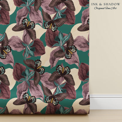 Tropical Fauna Jewel-Toned Wallpaper | Color Blocking Wall Art Maximalist Butterfly Home Accent Bold Botanical Exotica Teal Peel and Stick
