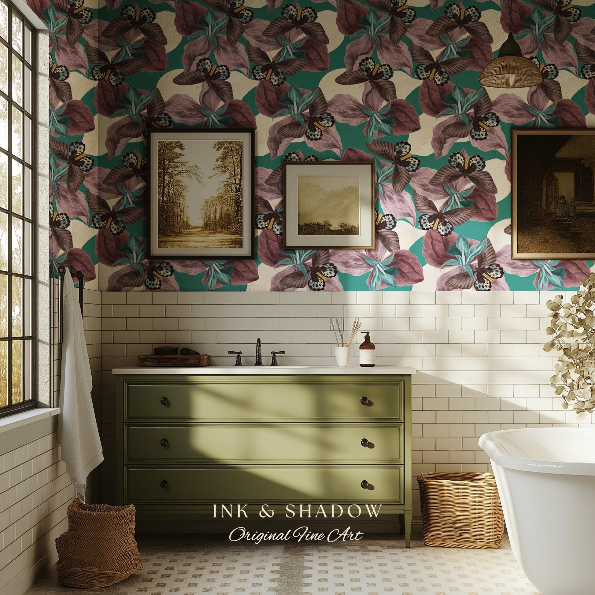 Tropical Fauna Jewel-Toned Wallpaper | Color Blocking Wall Art Maximalist Butterfly Home Accent Bold Botanical Exotica Teal Peel and Stick